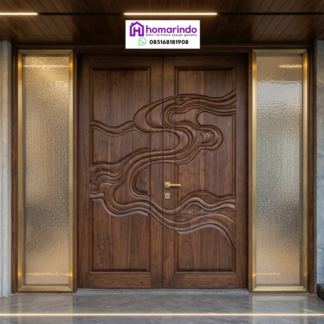 Pintu Utama Minimalis Ukir CNC Kayu Jati Premium Homarindo