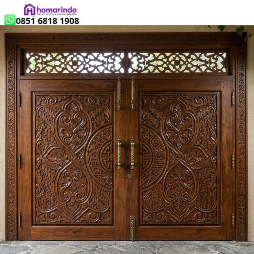 Pintu Utama Utama Kayu Jati Ukir CNC Modern Klasik