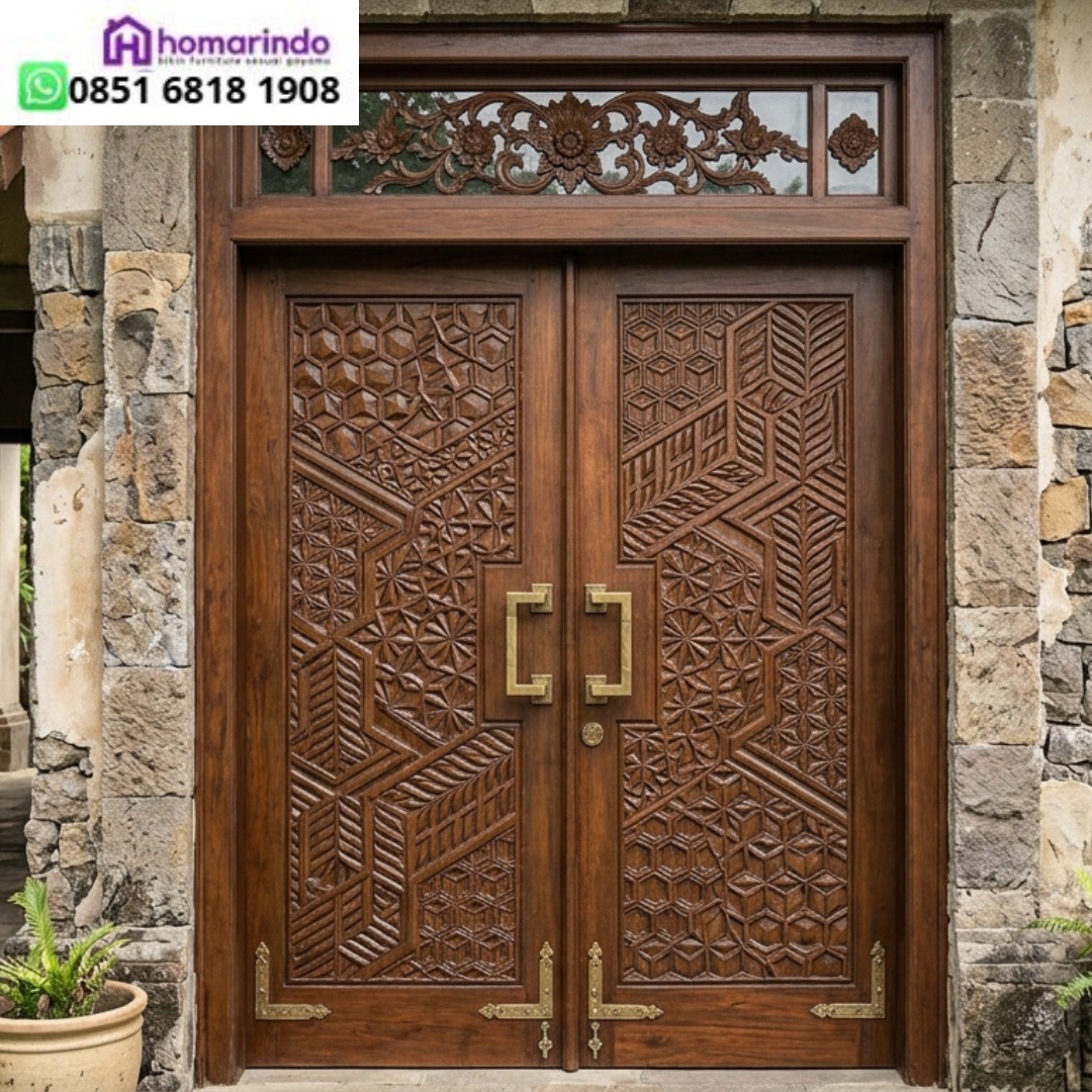 Pintu Utama Ukir Kayu Jati Minimalis Modern Motif CNC Geometris Premium