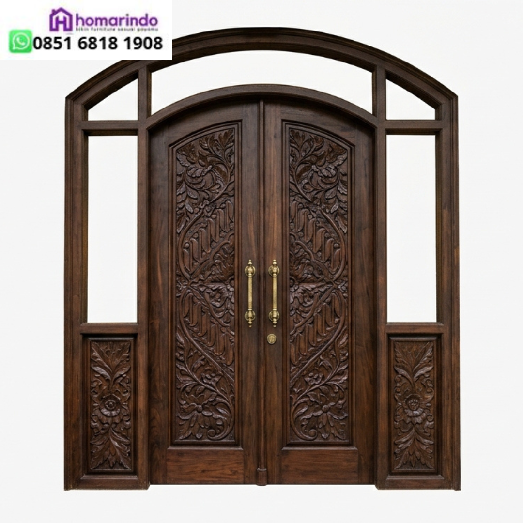Pintu Utama Kayu Jati Ukiran CNC Motif Parang & Daun Eksklusif