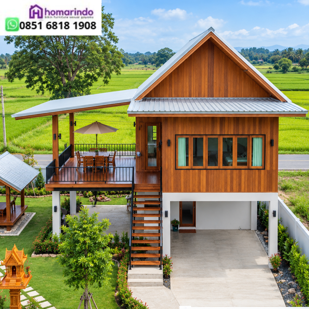 Rumah Panggung Kayu Jati Modern Tipe 6x7 dengan Garasi Terbuka