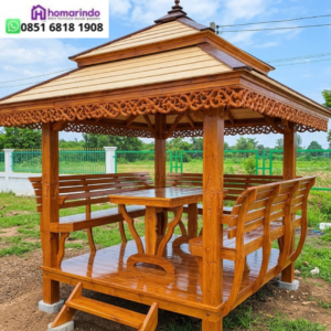 azebo Kayu Jati Ukir Tipe 2x3 dengan Set Meja Kursi Sandaran