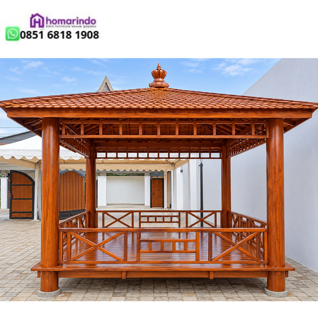 Gazebo Kayu Jati Tipe 3x3 dengan Tiang Silinder