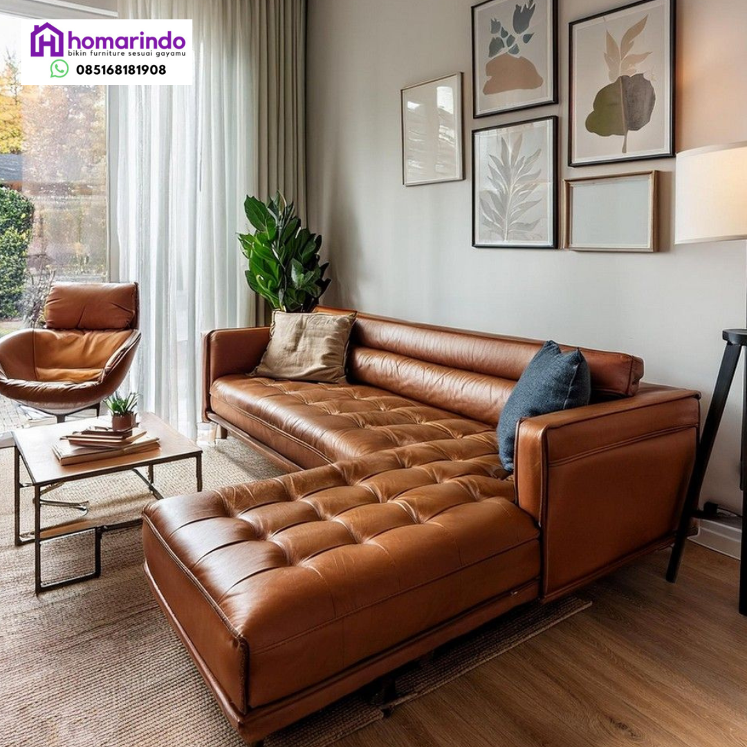 Sofa Kulit Sapi L-Shape Tufted