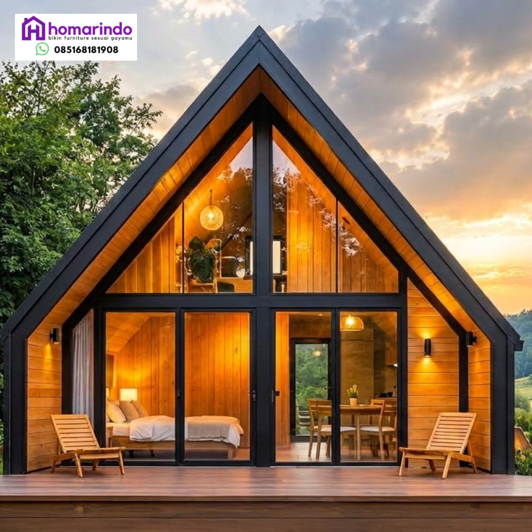 Rumah Glamping Kayu Jati Minimalis Modern A-Frame 4x6 Rumah Glamping Kayu Jati Minimalis Modern A-Frame 4x6