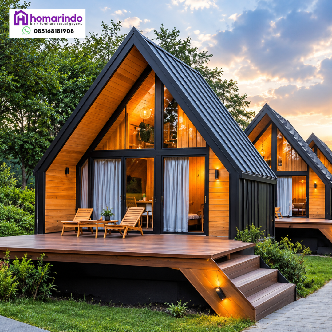 Rumah Glamping Kayu Jati Minimalis Modern A-Frame 4x6