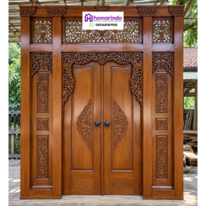 Spesifikasi Teknis Pintu Gebyok Parameter Teknis Keterangan Produk Nama Model Pintu Gebyok Ukir Jepara Megah Dimensi Kusen Panjang 400cm x Tinggi 270cm Bahan Baku Kayu Jati Solid Perhutani Pilihan Komponen Daun Pintu Ganda & Pilar Ukir Harga Jual Rp 50.000.000 Finishing Natural Melamin Glossy Elegan