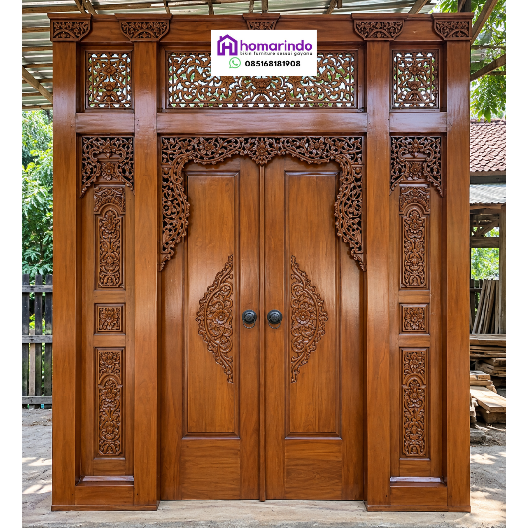 Spesifikasi Teknis Pintu Gebyok Parameter Teknis Keterangan Produk Nama Model Pintu Gebyok Ukir Jepara Megah Dimensi Kusen Panjang 400cm x Tinggi 270cm Bahan Baku Kayu Jati Solid Perhutani Pilihan Komponen Daun Pintu Ganda & Pilar Ukir Harga Jual Rp 50.000.000 Finishing Natural Melamin Glossy Elegan