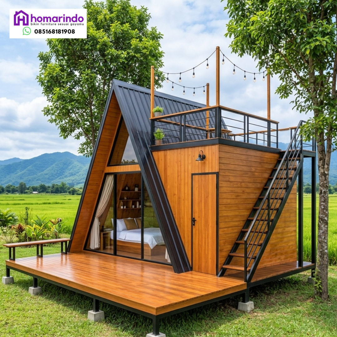 Rumah Segitiga Kayu Jati Minimalis Modern A-Frame Tipe 6x7 Rumah Segitiga Kayu Jati Minimalis Modern A-Frame Tipe 6x7
