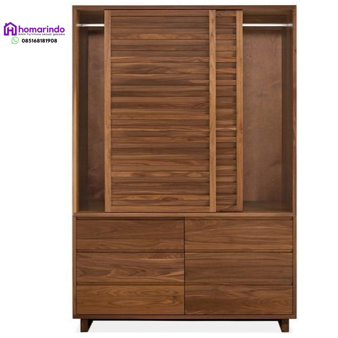 Lemari Kayu Jati Minimalis Modern Slat Sliding
