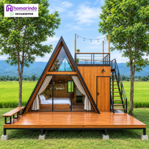 Rumah Segitiga Kayu Jati Minimalis Modern A-Frame Tipe 6x7