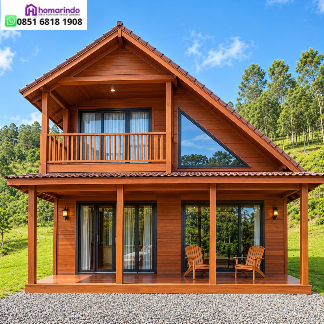 Rumah Glamping Kayu Jati 2 Lantai Tipe 4x6 Balkon Asimetris