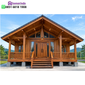Rumah Panggung Segitiga Kayu Jati Tipe 6x7 Fasad Kaca Panoramik