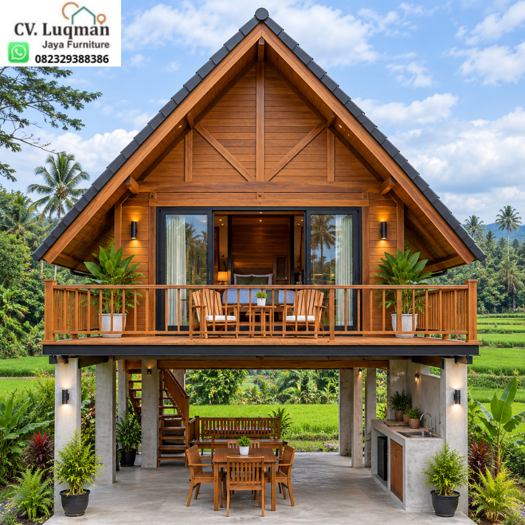 Rumah Panggung Segitiga Kayu Jati 6x7 dengan Balkon Panorama