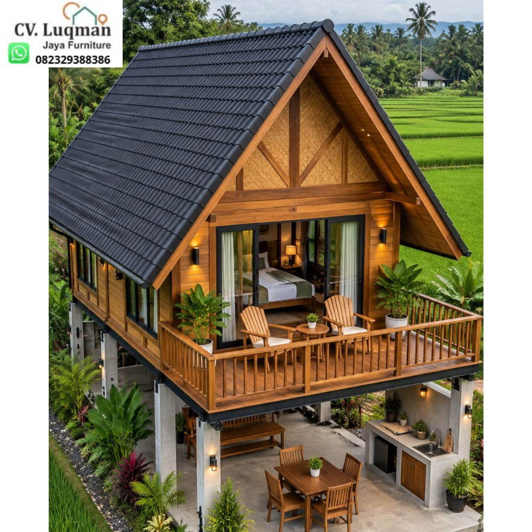 Rumah Panggung Segitiga Kayu Jati 6x7 dengan Balkon Panorama Rumah Panggung Segitiga Kayu Jati 6x7 dengan Balkon Panorama