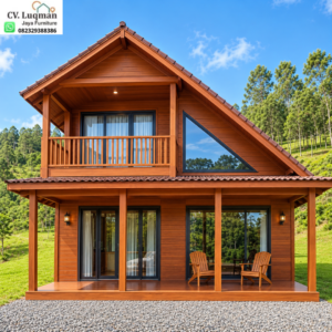 Rumah Glamping Kayu Jati 2 Lantai Tipe 4x6 Balkon Asimetris