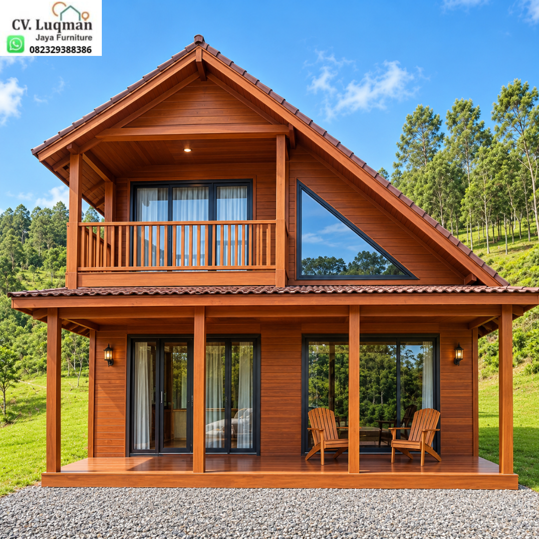 Rumah Glamping Kayu Jati 2 Lantai Tipe 4x6 Balkon Asimetris